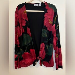 Chico's Black and Red Floral Cardigan travelers line